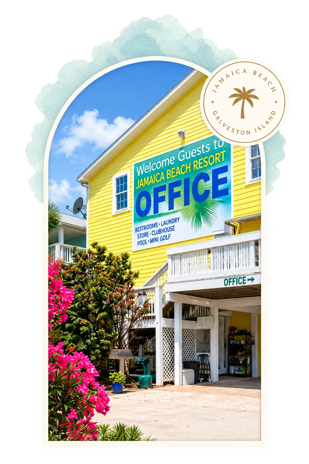 The yellow Jamaica Beach RV Resort office, home of the Salty Karts fleet