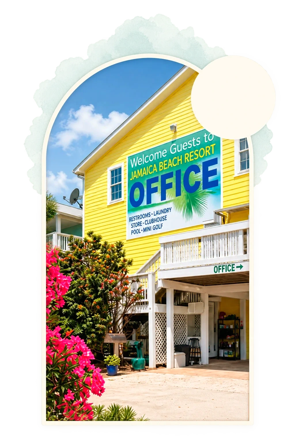 The office at Jamaica Beach RV Resort, pickup for every Salty Karts rental, on an arch card stamped Jamaica Beach, Galveston Island