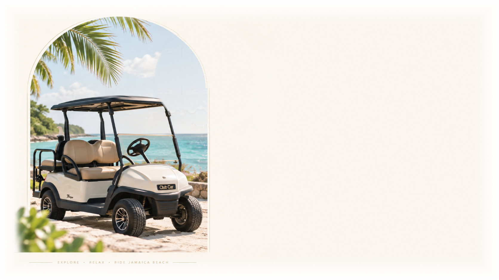 A cream Club Car Tempo 4-seater on the sand at Jamaica Beach, one hundred dollars a day