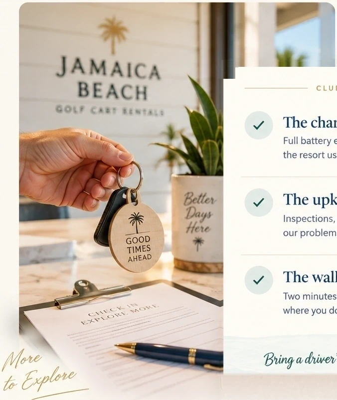 A key with a wooden Good Times Ahead tag handed across the counter at Jamaica Beach
