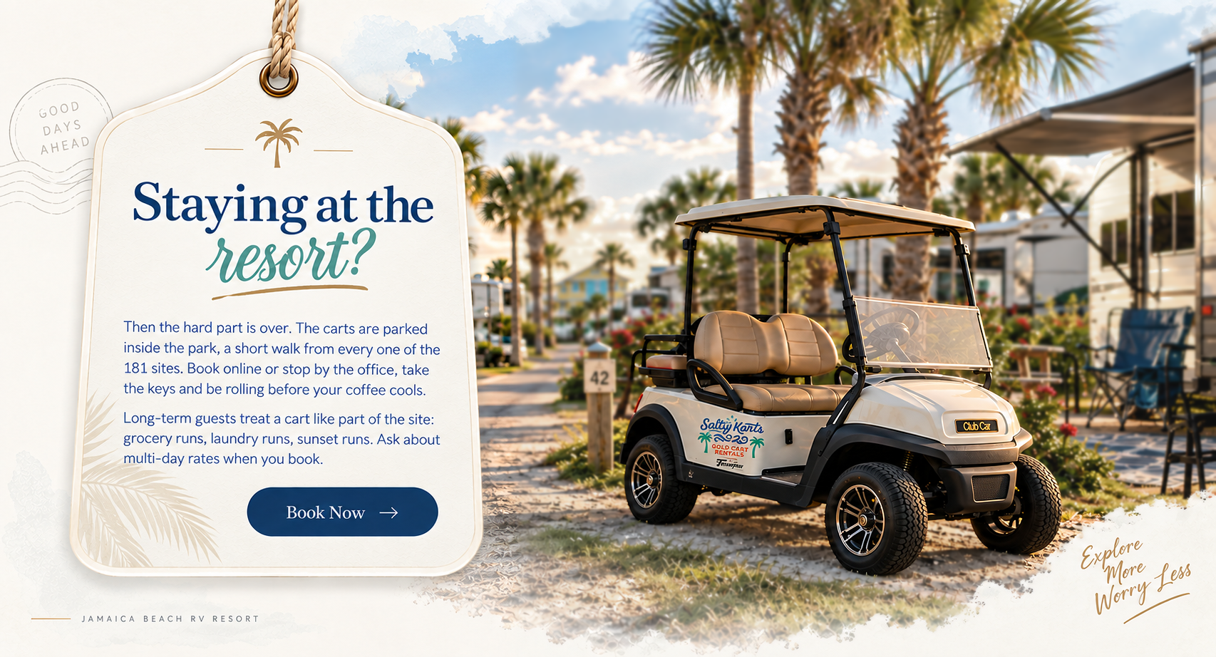 A Salty Karts golf cart among palm trees and RV sites at Jamaica Beach RV Resort